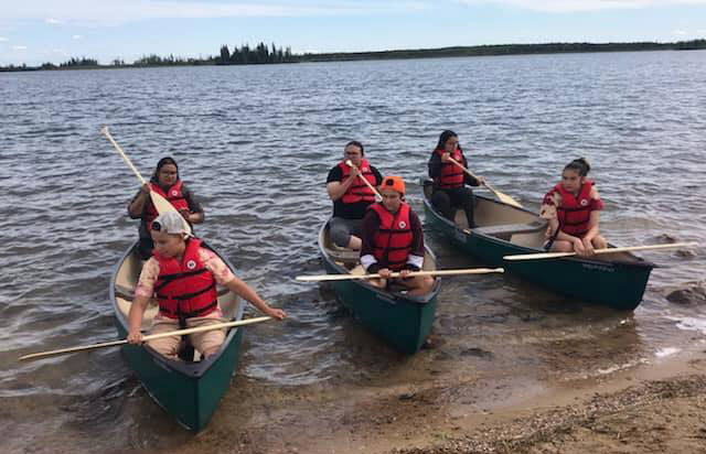 kids in canoes wearing red life-jackets on a lake