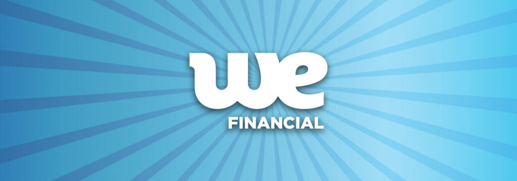 We Financial branding on top of a blue and white pattern